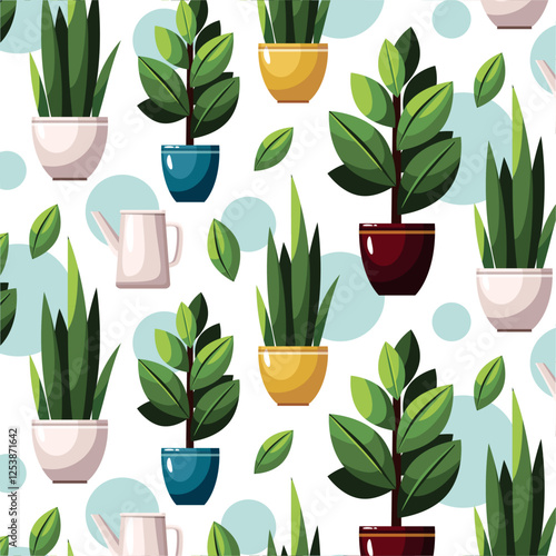 Pattern background template. Plants in flowerpots and watering can. Home flowers on white background.