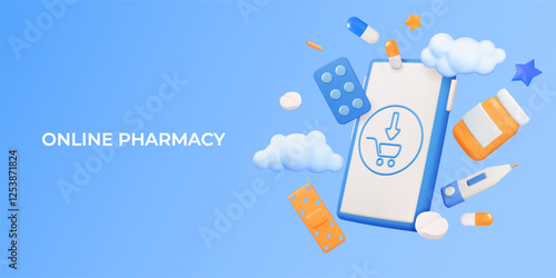 3D pharmacy. Medicine smartphone application. Pharmacist in phone. Health care meds. Medical pills and bottle spray. Drugstore order. Online store. Pharmaceutical app. Vector background
