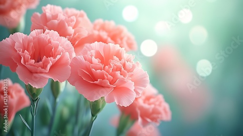 Closeup of vibrant pink carnation detailed petals green background summer light