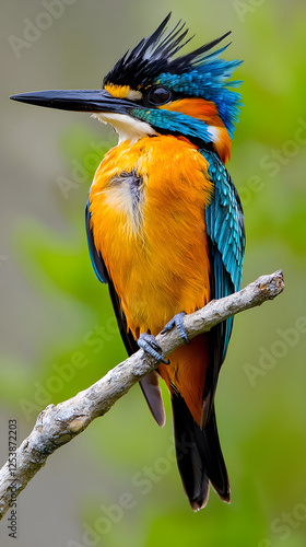 Vibrant Plumage: A Majestic Landbird Perched Amidst Lush Greenery, Colors of Orange, Blue, and Yellow Creating Captivating Contrast in Nature's Symphony of Life and Beauty photo