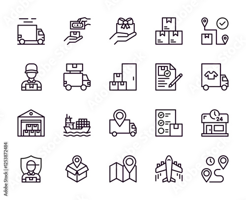 Delivery icons. Cargo logistic line signs. Editable box or parcel package at home door. Speed shipping. Shop warehouse. Freight transportation. Business van transport. Vector pictograms set