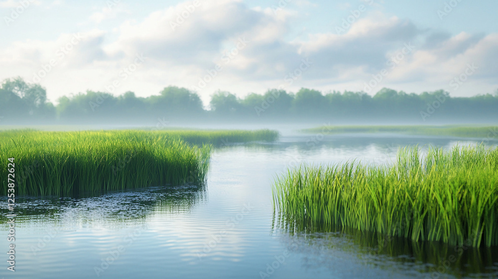 misty marsh landscape with green reeds along calm water reflections in early morning nature scenery misty marsh landscape with green reeds along calm water reflections in early morning nature scenery