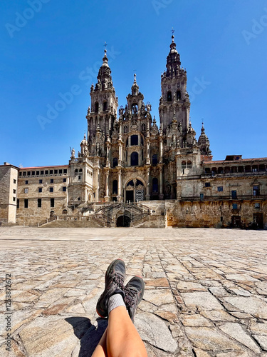 FInal view on the cathedral in Santiagi de Compostela after finishing Camino de Santiago Portuguese with nobody on the square