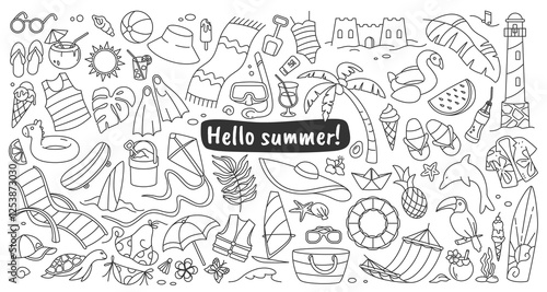 Summer elements. Beach icons. Sea vacation line drawings. Sunny holiday. Fruit sketch. Cute fun travel. Tropical palm. Summertime journey. Bikini and sunglasses. Vector outline background