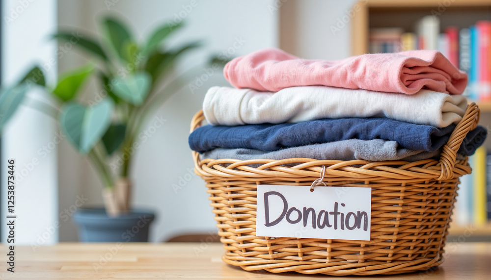 Woven basket filled with neatly folded clothes labeled as donation, placed in a cozy room with greenery, charity day