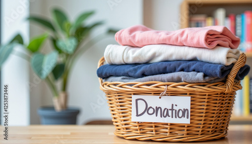 Woven basket filled with neatly folded clothes labeled as donation, placed in a cozy room with greenery, charity day