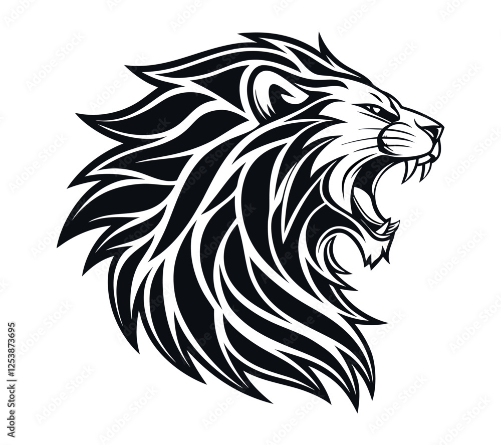 A high-contrast black and white vector illustration of a roaring lion's head,