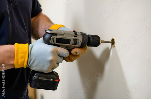 Men's gloved hands are holding a drill and drilling a hole in the wall 