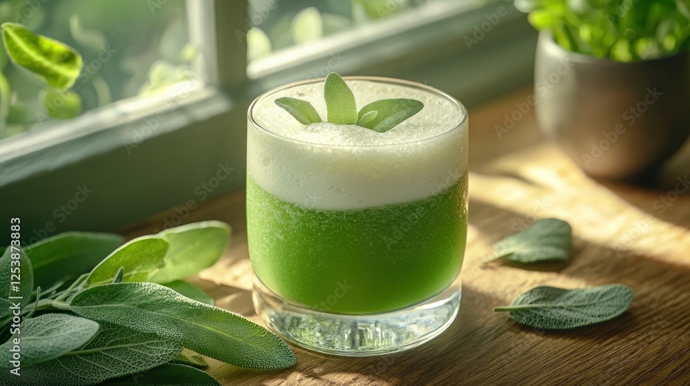 Sage smoothie by window, sunlight, herbs Sage smoothie by window, sunlight, herbs