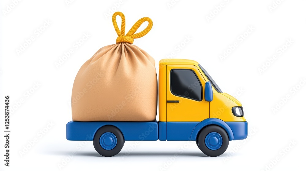 A colorful toy truck with a large bag tied at the top, symbolizing garbage collection or transportation of waste. A colorful toy truck with a large bag tied at the top, symbolizing garbage collection or transportation of waste.