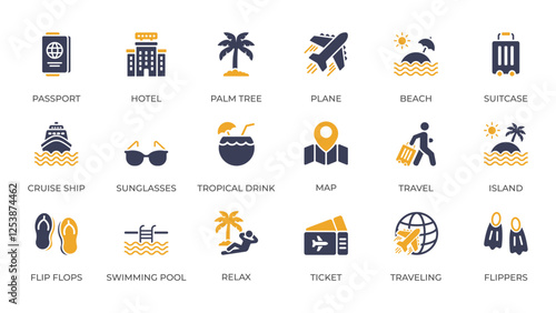 Explore a charming collection of holiday icons featuring travel essentials like passports, hotels, airplanes, and beach symbols. Perfect for enhancing your travel projects and adding a unique touch