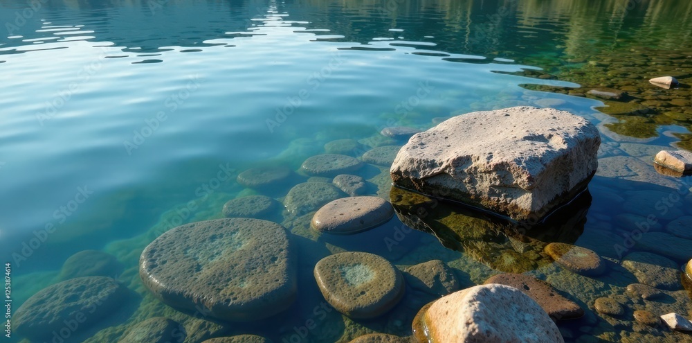 Weathered stones submerged in calm lake water, rocks, serene Weathered stones submerged in calm lake water, rocks, serene