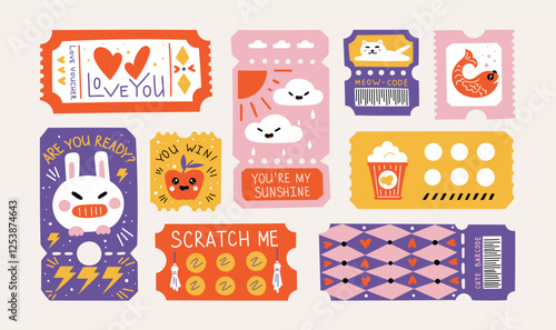 Love coupon. Cute ticket design. Voucher or Valentine gift for couple date. Boyfriend card template for trendy present. Offer promotion. Lottery raffle. Vector shopping certificates set