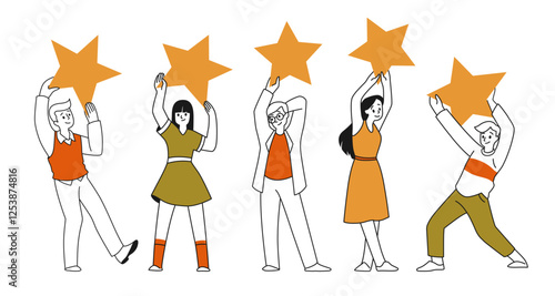 People with stars. Positive happy community award, customer service review. Man team characters, winner reward. Rating on web site and social media. Vector cartoon flat isolated illustration