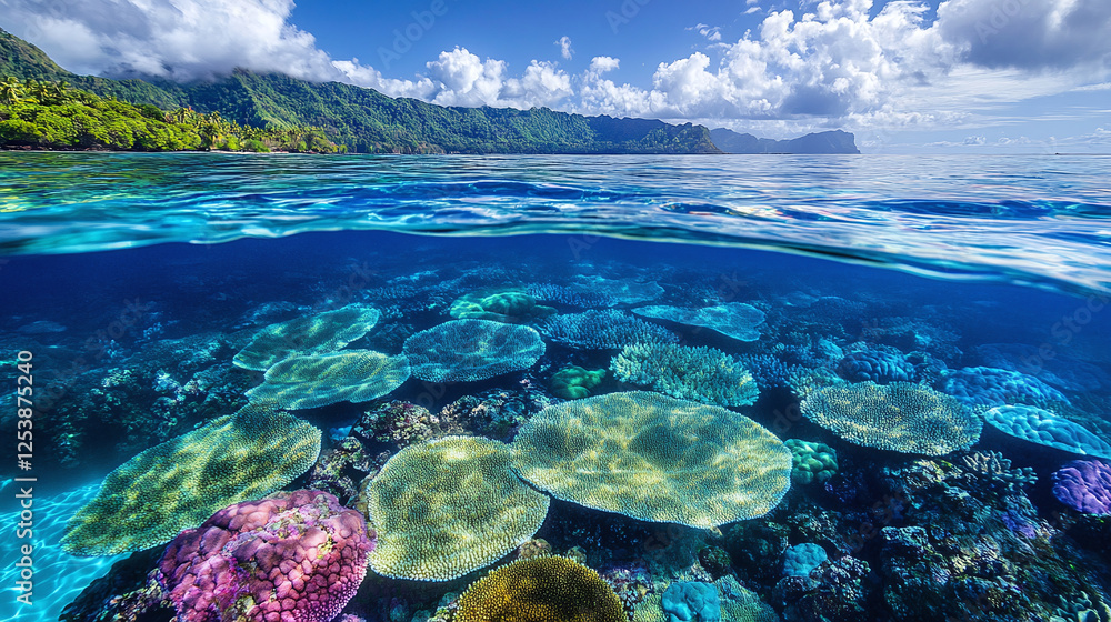 Naklejka premium Aerial drone view of colorful coral reef just below the surface of clear blue water.