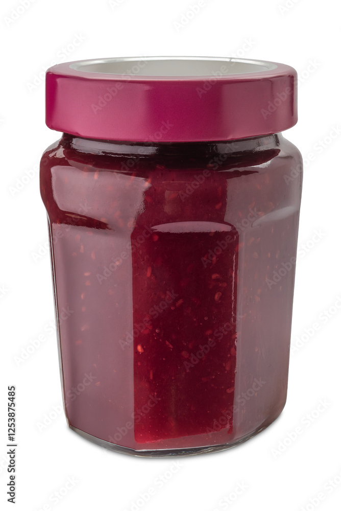 Raspberry jam in glass jar with purple cap isolated Raspberry jam in glass jar with purple cap isolated