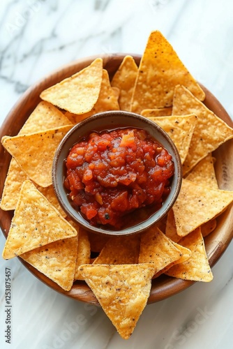 Tortilla Chips and Salsa: A clean, minimal product shot of a bowl of chunky salsa with tortilla chips elegantly placed around it, ideal for food branding.