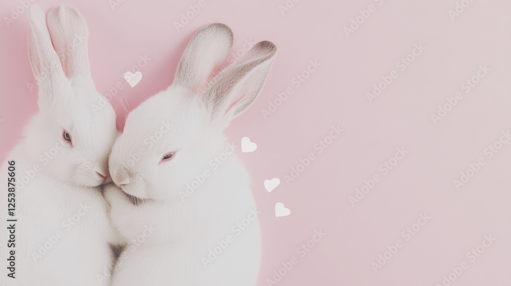 Obraz premium Two cute rabbits with hearts on pink background, St Valentines Day or Easter postcard