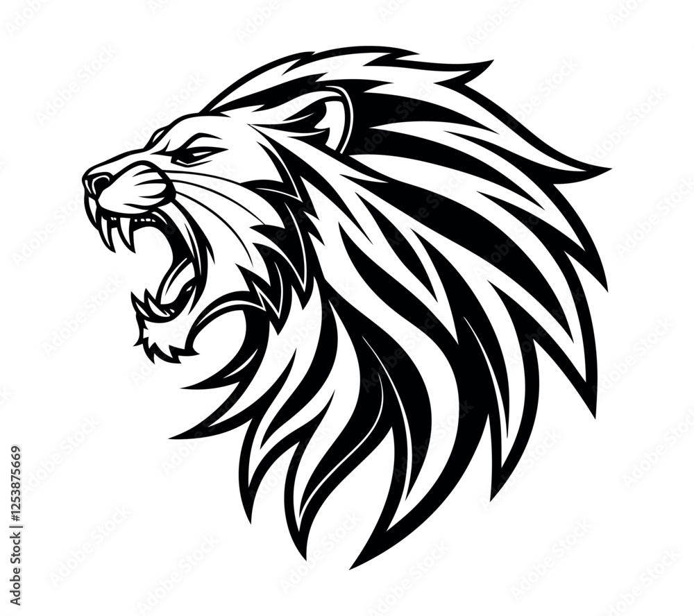 A high-contrast black and white vector illustration of a roaring lion's head, A high-contrast black and white vector illustration of a roaring lion's head,