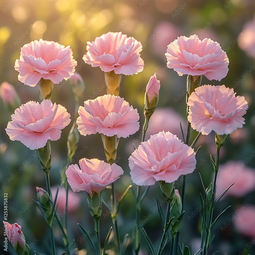 Obraz premium Detailed closeup of pink carnation petal green leaves natural background sunlight