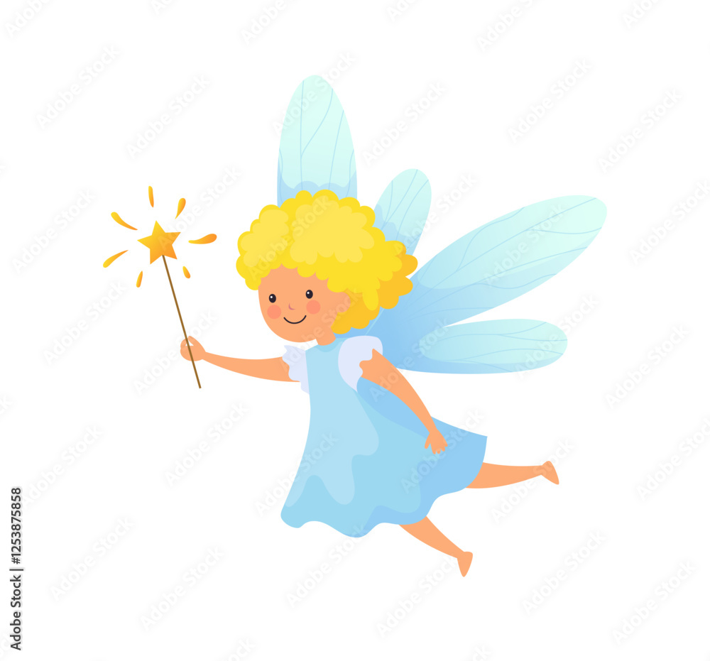 Cute fairy. Fairytale character, little flying princess with magic wand and wings. Young sorceresses for childish nursery and prints design. Mythology vector cartoon flat isolated illustration Cute fairy. Fairytale character, little flying princess with magic wand and wings. Young sorceresses for childish nursery and prints design. Mythology vector cartoon flat isolated illustration