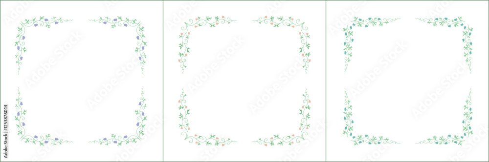 Set of three elegant green vegetal ornamental frame with bluebell flowers, decorative border. Isolated vector illustration Set of three elegant green vegetal ornamental frame with bluebell flowers, decorative border. Isolated vector illustration