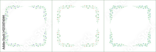 Set of three elegant green vegetal ornamental frame with bluebell flowers, decorative border. Isolated vector illustration