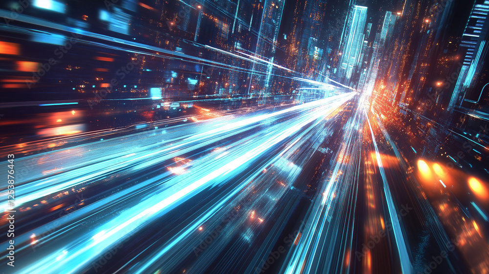 Obraz premium Zukunftsstadt mit leuchtenden Glasfaserdatenströmen als Datenautobahn mit Lichtspuren. Generative AI KI