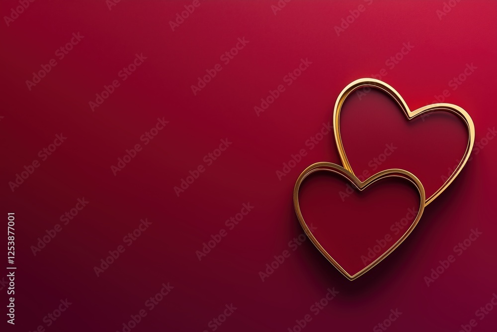 Two intertwined golden hearts on a wine-red, elegant background Two intertwined golden hearts on a wine-red, elegant background