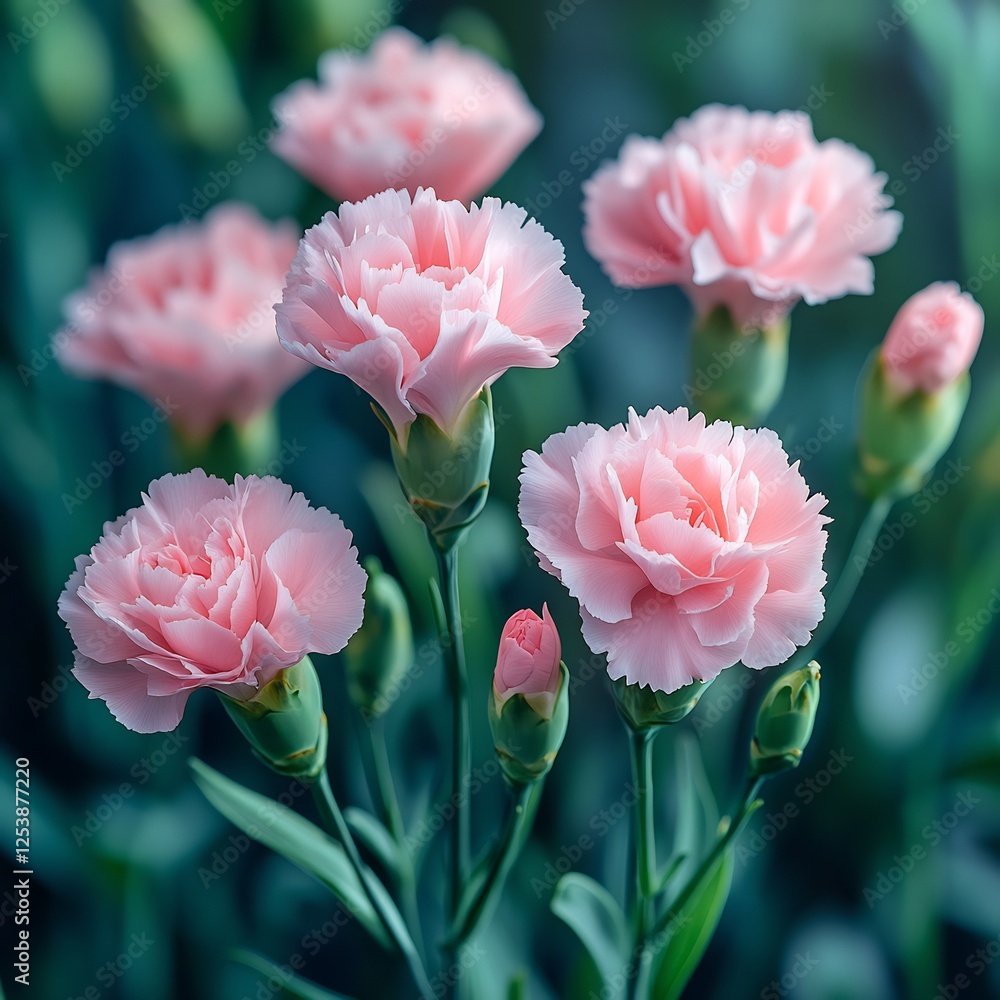 Obraz premium Detailed closeup of pink carnation flower vibrant green leaves natural background