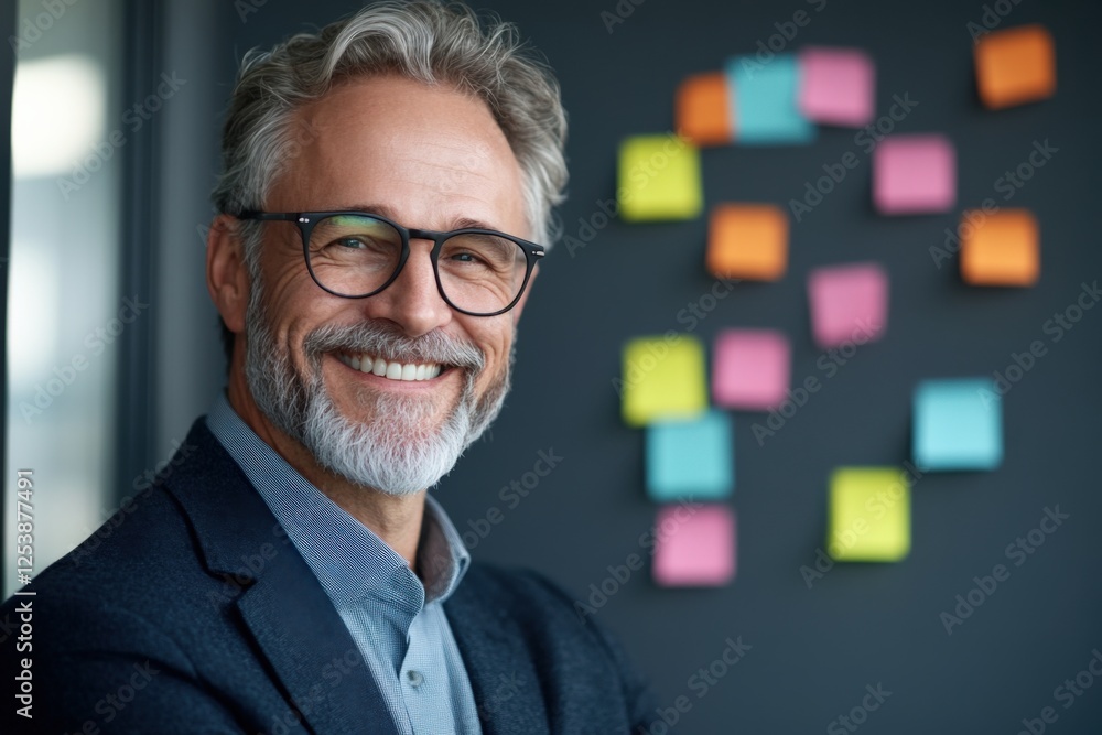 man with glasses standing near a wall of colorful sticky notes. man with glasses standing near a wall of colorful sticky notes.
