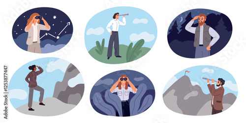 People looking into distance scenes. Search goal. Look into future. Men and women with telescopes. Nature exploration. Persons stares into distance with binoculars. Garish vector set