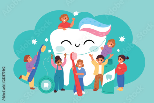 Tiny babies around big tooth. Funny kids learning take oral care. Caries cavity prevention. Hygiene education. Girls and boys with toothbrushes. Cleaning toothpaste. Garish vector concept