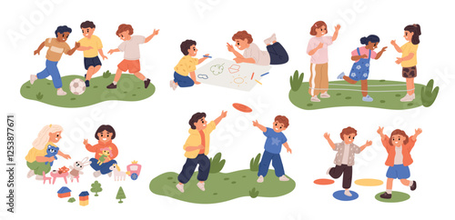 Happy children active games. Smiling kids play outdoor. Group and pair entertainment. Soccer players. Little friends jump with rubber bands. Boys drawing picture. Garish vector set