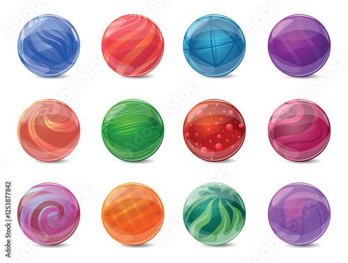 Glass game balls. Colorful marbles. Vintage kids toys. Refracting spheres with abstract pattern. Geometric shapes with stripes, waves and bubbles. 3D crystal orb. Vector round objects set