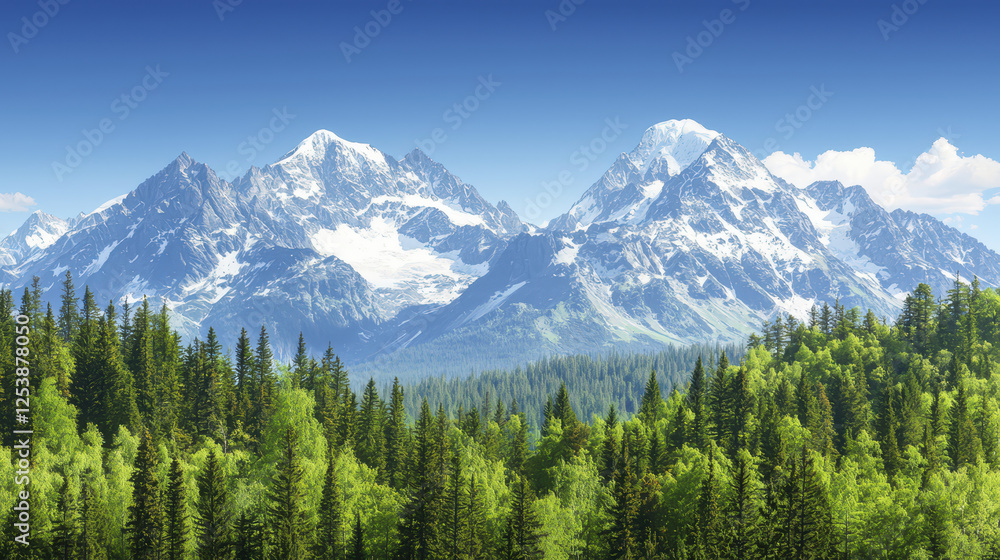 Obraz premium Breathtaking mountain landscape with snow capped peaks and lush green forest