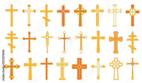 Christian crosses. Different shapes of religious symbols. Catholicism religion. Biblical crucifix. Orthodoxy and Protestantism denominations. Church holy signs. Gold icons vector set
