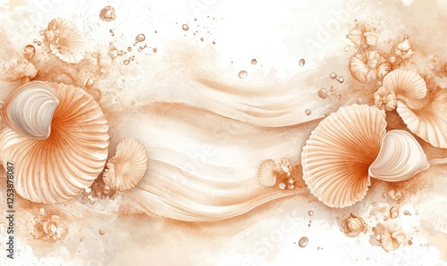 Seashells on flowing fabric, ocean backdrop, beach decor, home textile design