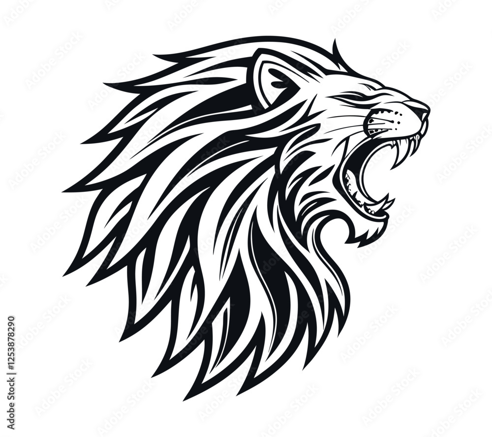 A high-contrast black and white vector illustration of a roaring lion's head, A high-contrast black and white vector illustration of a roaring lion's head,