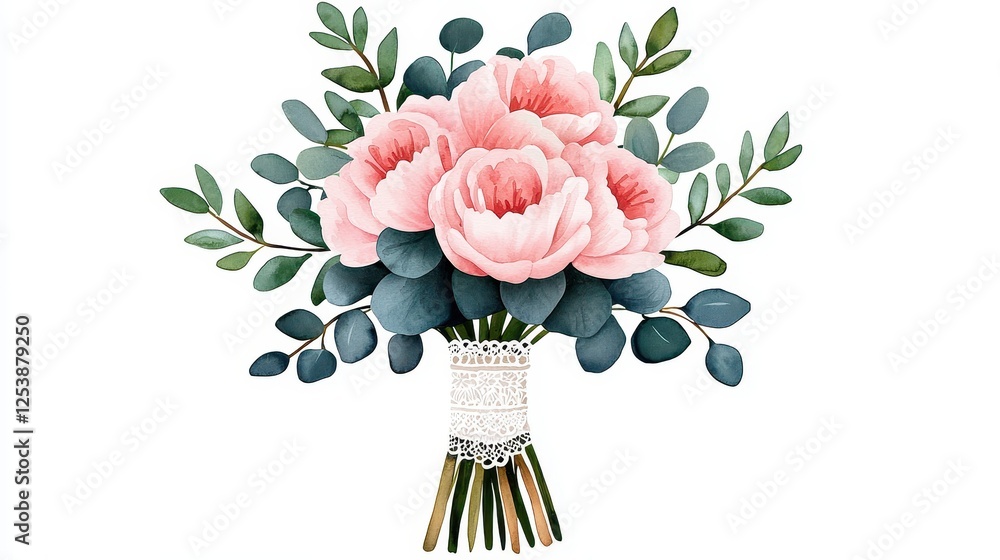 Obraz premium A beautiful bouquet of pink peonies with lush green leaves, elegantly arranged for a fresh and vibrant look.