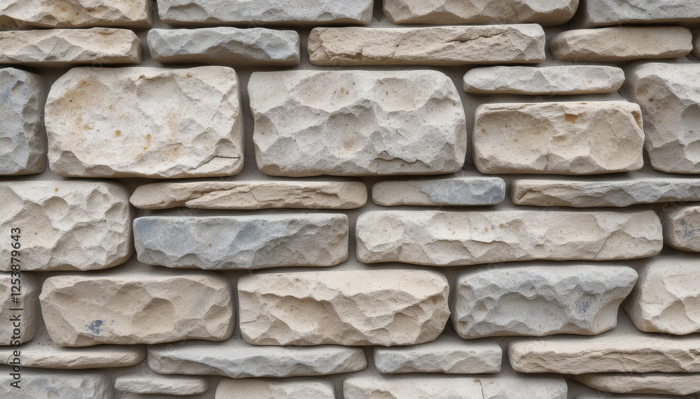Fototapeta premium Layered stone wall texture with irregular rocks and visible mortar details