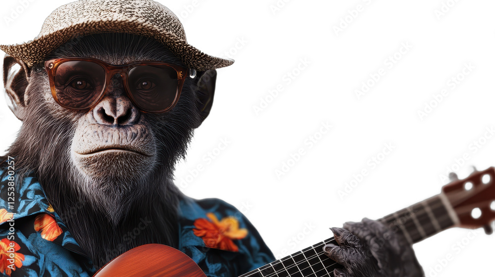 Groovy Chimp: A cool chimpanzee in sunglasses, a straw hat, and a Hawaiian shirt strums a guitar, radiating a laid-back, fun-loving vibe. Groovy Chimp: A cool chimpanzee in sunglasses, a straw hat, and a Hawaiian shirt strums a guitar, radiating a laid-back, fun-loving vibe.