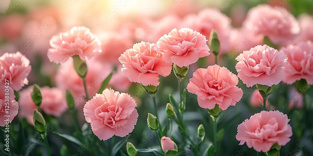 Obraz premium Fresh pink carnations bloom green foliage bright summer day natural background