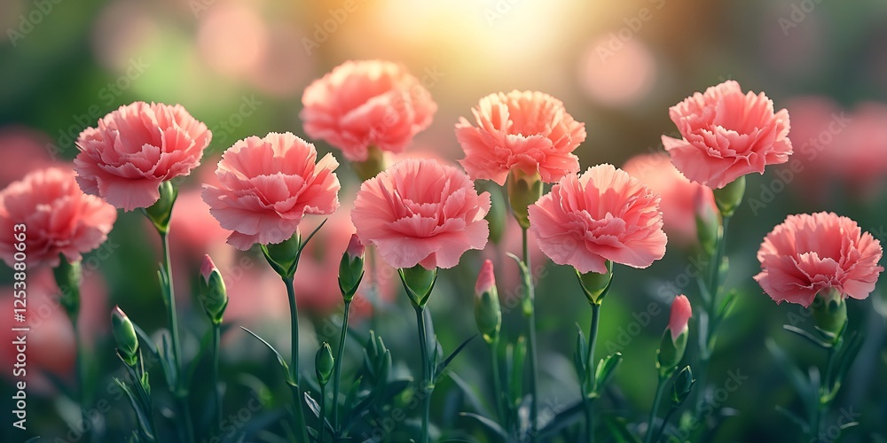 Fresh pink carnations bloom closeup green background bright and natural setting Fresh pink carnations bloom closeup green background bright and natural setting