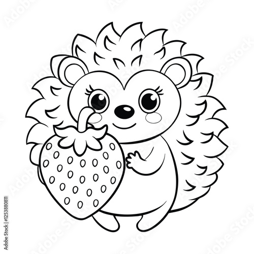 hedgehog holding a strawberry coloring pages Vector illustration for coloring books 