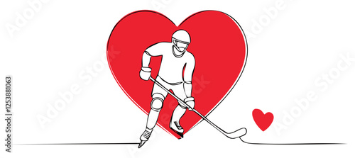 continuous line creating a heart is a hockey player with stick and puck -  ice sport - decoration in a simple linear style, vector graphic illustration, greeting card, sublimation, embroidery,	