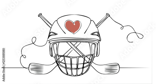 continuous line creating a heart is a hockey player with stick and puck -  ice sport - decoration in a simple linear style, vector graphic illustration, greeting card, sublimation, embroidery,	