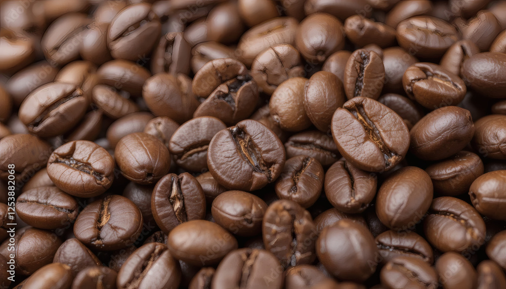 Close-up of fresh coffee beans with detailed surface textures and rich brown tones Close-up of fresh coffee beans with detailed surface textures and rich brown tones