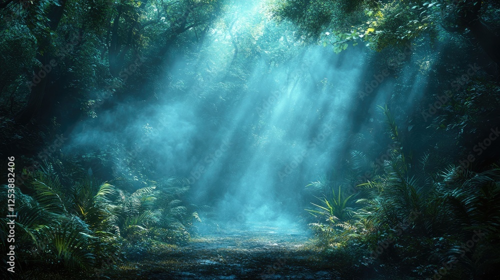 Fototapeta premium A serene forest scene illuminated by soft rays of light, creating a mystical atmosphere.