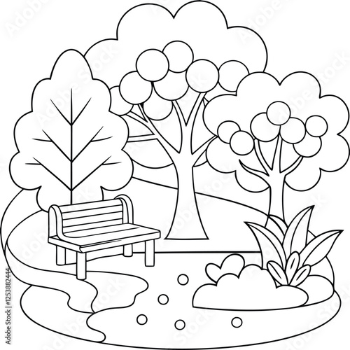 Peaceful Park Scene Trees, Bench, Stream, Nature, Coloring Page